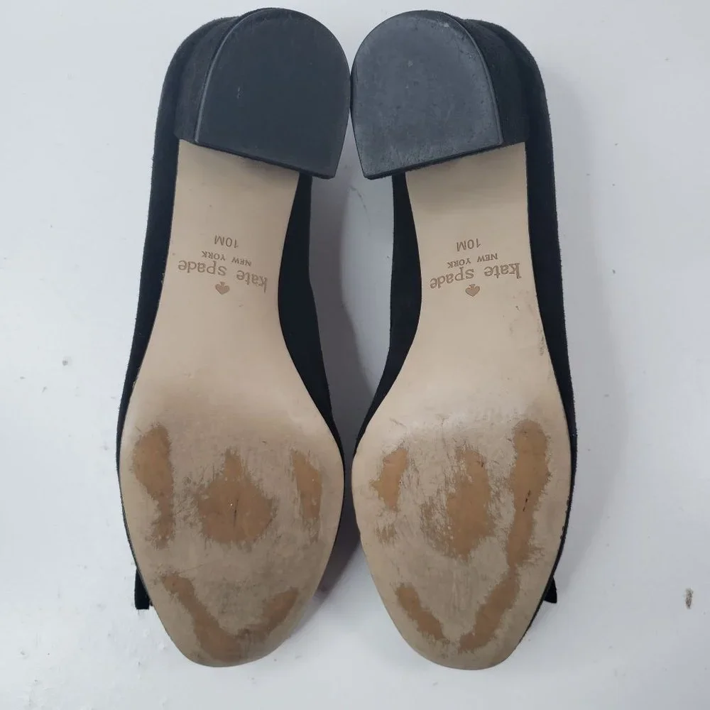 Kate Spade Kiltie Block Heel Pumps Sz 10 Black Suede Slip On Dressy Bow Heels - Picture 8 of 12